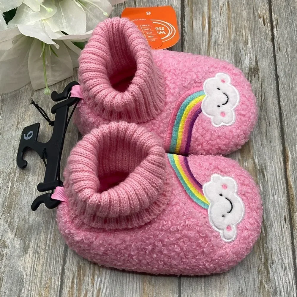Baby Girls Teddy Knit Rainbow Comfy Soft Slippers Shoes Size 6